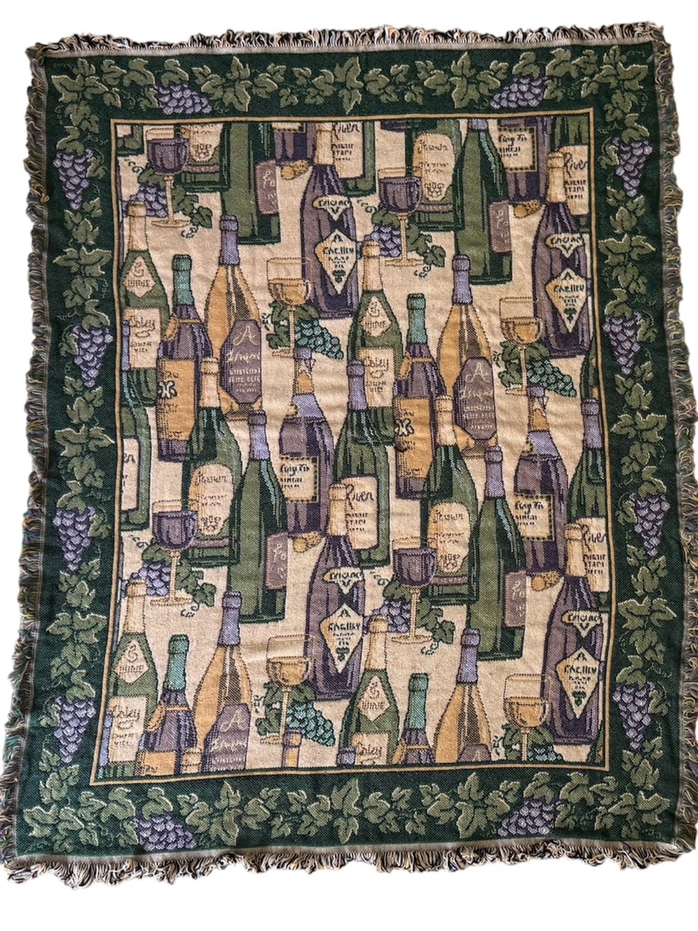 Vintage Wine Bottle & Grapevine Tapestry Fringe Throw Blanket - 56" x 44"